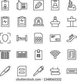 Thin Line Icon Set - escalator vector, signpost, reception, flight table, identity card, pen, document, pulse clipboard, office phone, barcode, radio, mail, sim, notes, wireless, face id, bedroom