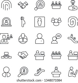 Thin Line Icon Set - escalator vector, male, reception, handshake, meeting, manager place, doctor, pregnancy, client, speaker, group, user, fingerprint id, hr, search, estate agent, money, hierarchy