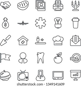 Thin Line Icon Set - escalator vector, plane, trowel, tomography, ambulance star, caries, diet, tv, mail, photo gallery, printer, estate agent, smart home, cook hat, candle, steak, apple fruit, bulb