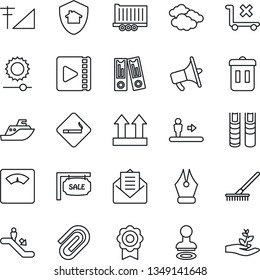 Thin Line Icon Set - escalator vector, smoking place, stamp, clouds, office binder, rake, scales, sea shipping, truck trailer, up side sign, no trolley, loudspeaker, mail, brightness, video, ink pen