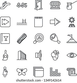 Thin Line Icon Set - escalator vector, right arrow, baggage larry, office building, notepad, butterfly, real heart, eye, pregnancy, store, speaker, equalizer, fast forward, themes, blank box, pool