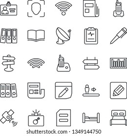 Thin Line Icon Set - escalator vector, signpost, bomb in case, identity card, book, pen, document, pulse clipboard, office phone, barcode, satellite antenna, radio, notes, wireless, face id, news