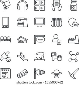 Thin Line Icon Set - escalator vector, waiting area, wind, checkroom, document, factory, molecule, blood pressure, pills bottle, patient, satellite, cargo, headphones, monitor, mobile, calendar