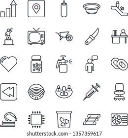 Thin Line Icon Set - escalator vector, trash bin, tv, speaking man, growth statistic, office chair, pedestal, wheelbarrow, hose, garden knife, sprayer, heart, syringe, pills bottle, chain, rewind