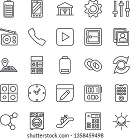 Thin Line Icon Set - escalator vector, mobile phone, calculator, navigation, radio, share, chain, battery, low, play button, call, settings, tuning, clock, stopwatch, scanner, notes, photo gallery