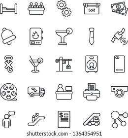 Thin Line Icon Set - escalator vector, ladder car, speaking man, meeting, manager place, printer, cash, no hook, reel, satellite, speaker, phone back, bell, tie, sold signboard, bedroom, moving