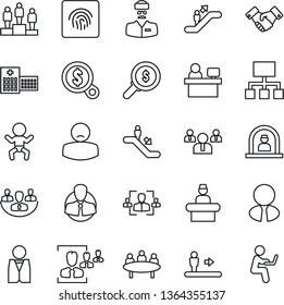 Thin Line Icon Set - escalator vector, baby, reception, handshake, pedestal, team, meeting, manager place, hospital, doctor, patient, client, fingerprint id, company, hr, estate agent, waiter