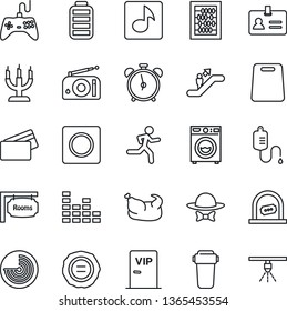 Thin Line Icon Set - escalator vector, alarm clock, ticket office, identity, radar, abacus, stamp, dropper, run, radio, gamepad, equalizer, battery, record, music, rooms, washer, candle, vip zone
