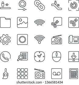 Thin Line Icon Set - escalator vector, document search, mouse, radio, chain, menu, gallery, settings, themes, clock, record, folder, download, wireless, brightness, cut, eye id, phone, intercome