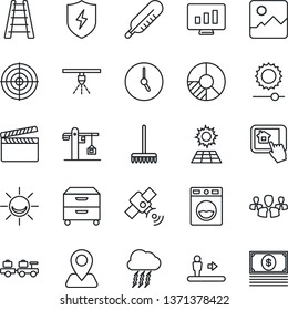 Thin Line Icon Set - escalator vector, baggage larry, storm cloud, statistic monitor, circle chart, rake, ladder, thermometer, navigation, clapboard, satellite, gallery, protect, clock, brightness