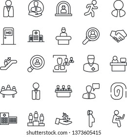 Thin Line Icon Set - escalator vector, reception, medical room, speaking man, pedestal, meeting, manager place, run, hospital, doctor, pregnancy, client, hr, search, estate agent, waiter, consumer
