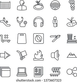 Thin Line Icon Set - escalator vector, right arrow, airport building, pruner, pond, drip irrigation, stethoscope, cargo container, receipt, no trolley, hook, flammable, headphones, compass, support