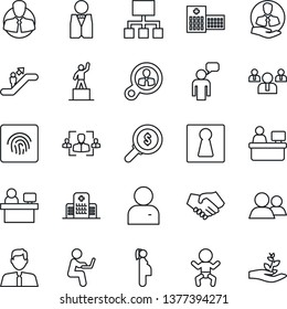 Thin Line Icon Set - escalator vector, female, baby, speaking man, pedestal, team, manager place, hospital, pregnancy, client, group, user, fingerprint id, hr, estate agent, waiter, consumer search