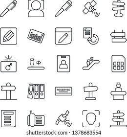 Thin Line Icon Set - escalator vector, signpost, bomb in case, reception, pen, document, reload, office phone, barcode, satellite, sim, notes, face id, identity card, paper binder, reserved