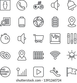 Thin Line Icon Set - escalator vector, male, document search, fence, navigation, speaker, gamepad, settings, chain, battery, low, play button, stopwatch, bell, scanner, network, wireless, place tag