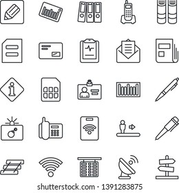 Thin Line Icon Set - escalator vector, bomb in case, flight table, identity card, book, pen, document, pulse clipboard, office phone, barcode, satellite antenna, mail, sim, notes, wireless, news