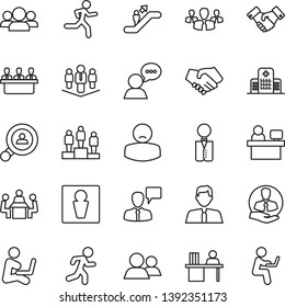 Thin Line Icon Set - escalator vector, male, handshake, speaking man, pedestal, manager place, run, hospital, patient, client, speaker, group, desk, meeting, company, search, estate agent, waiter