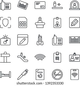 Thin Line Icon Set - escalator vector, no smoking, bomb in case, reception, identity card, document reload, signpost, office phone, barcode, radio, mail, sim, notes, wireless, face id, pen, bedroom