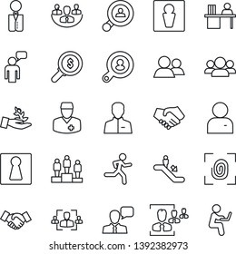 Thin Line Icon Set - escalator vector, male, female, handshake, speaking man, pedestal, run, doctor, speaker, group, user, company, hr, manager desk, client search, waiter, fingerprint, palm sproute