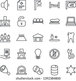 Thin Line Icon Set - escalator vector, no mobile, waiting area, ticket office, pedestal, document, bulb, fireplace, diagnosis, pills, caries, warehouse, oil barrel, root setup, notebook pc, stapler