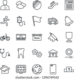 Thin Line Icon Set - escalator vector, clouds, gear, monitor pulse, stethoscope, dropper, ambulance car, bike, run, caries, fragile, shield, railroad, network, phone back, user, bell, brightness