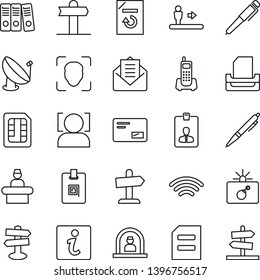 Thin Line Icon Set - escalator vector, bomb in case, reception, identity card, document, reload, signpost, office phone, satellite antenna, mail, sim, wireless, face id, paper binder, tray, pen