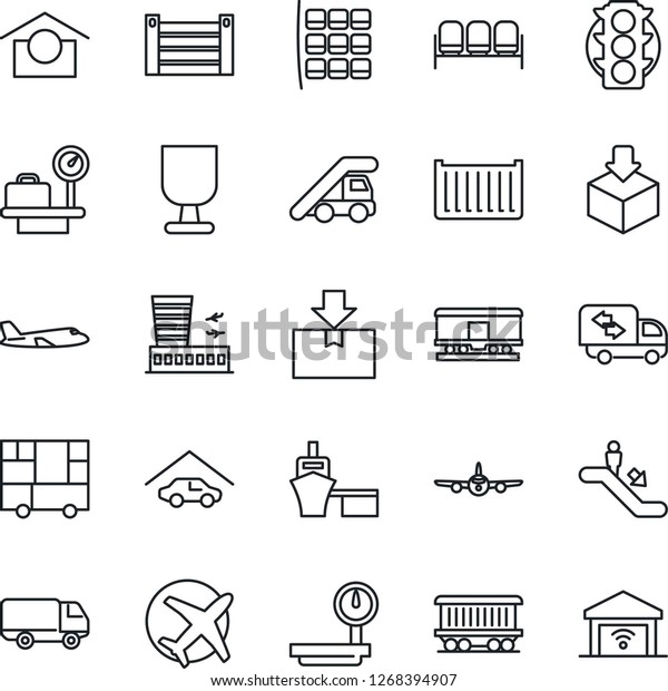 Thin Line Icon Set - escalator vector, waiting\
area, ladder car, plane, seat map, luggage scales, airport\
building, railroad, traffic light, cargo container, delivery, sea\
port, consolidated, heavy
