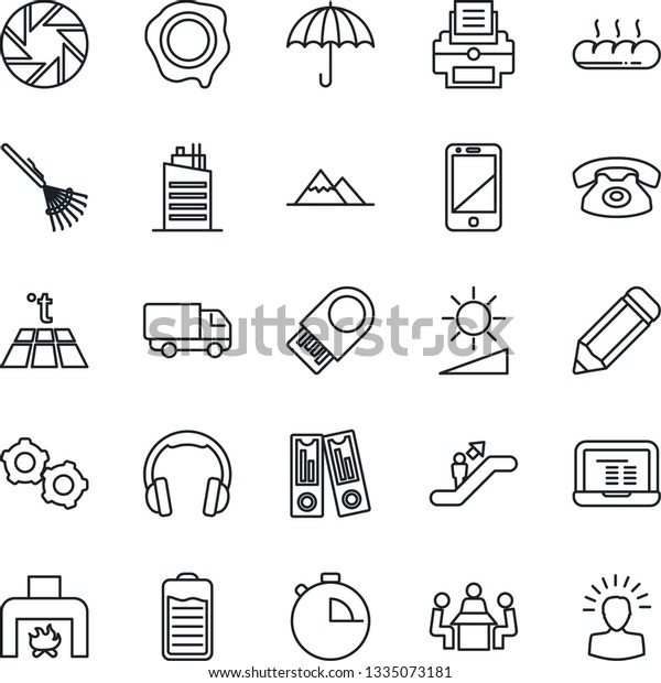 Thin Line Icon Set - escalator vector, gear,
office binder, notebook pc, pencil, stamp, rake, car delivery,
umbrella, cell phone, headphones, battery, mobile camera,
stopwatch, brightness,
meeting