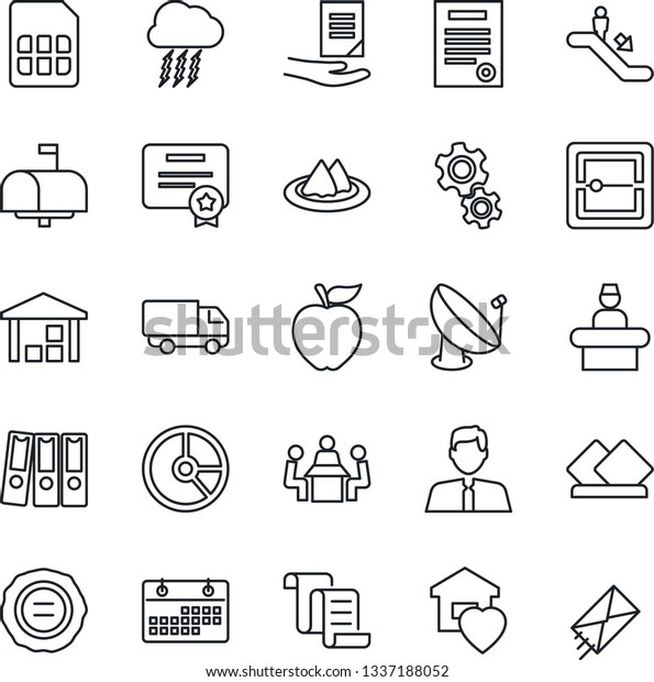 Thin Line Icon Set - escalator vector, reception,\
storm cloud, contract, document, circle chart, stamp, car delivery,\
warehouse, satellite antenna, scanner, sim, calendar, paper binder,\
meeting