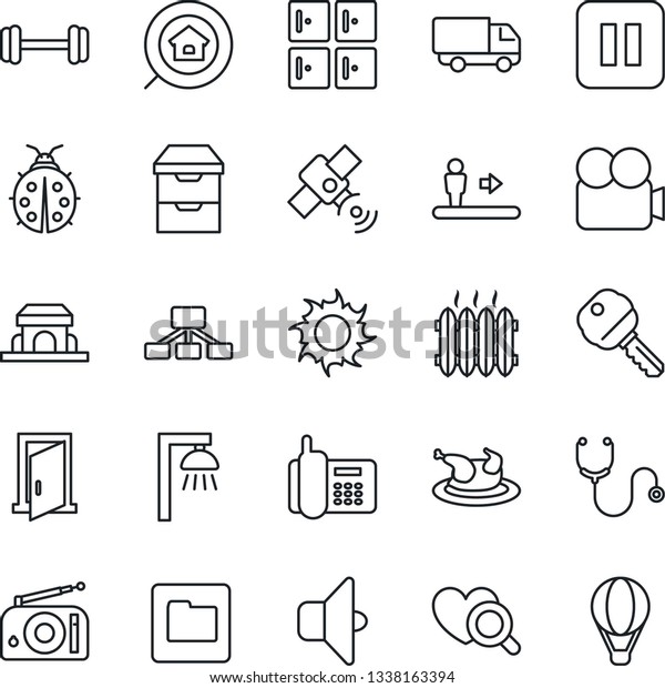 Thin Line Icon Set - escalator vector, checkroom,\
lady bug, sun, stethoscope, heart diagnostic, barbell, office\
phone, car delivery, radio, satellite, video camera, pause button,\
archive chest, key