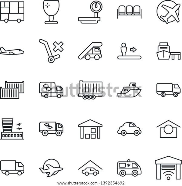 Thin Line Icon Set - escalator vector, waiting\
area, ladder car, plane, airport building, ambulance, sea shipping,\
truck trailer, cargo container, delivery, port, consolidated,\
fragile, no trolley