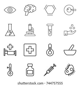 thin line icon set : eye, brain, hex molecule, cell corection, flask, microscope, vial, chemical industry, hospital, first aid, thermometer, mortar, pills bottle, syringe, microb