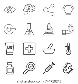 thin line icon set : eye, brain, molecule, hex, cell corection, flask, microscope, chemical industry, uv cream, first aid, mortar, thermometer, pills bottle, viruses, syringe, microb