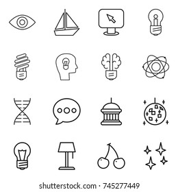 thin line icon set : eye, boat, monitor arrow, bulb, head, brain, atom, dna, balloon, goverment house, disco ball, floor lamp, cherry, shining