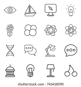 thin line icon set : eye, boat, monitor arrow, bulb, atom core, dna, discussion, table lamp, balloon, goverment house, floor, cherry