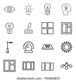 thin line icon set : eye, bulb, head, brain, infinity power, window, outdoor light, alarm, taxi, sun, clean, hard reach place cleaning