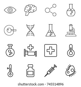 thin line icon set : eye, brain, molecule, round flask, cell corection, dna, microscope, chemical, hospital, first aid, thermometer, pills bottle, syringe, microb