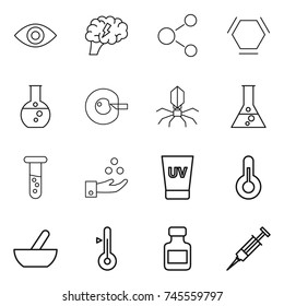 thin line icon set : eye, brain, molecule, hex, round flask, cell corection, virus, vial, chemical industry, uv cream, thermometer, mortar, pills bottle, syringe