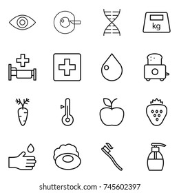 thin line icon set : eye, cell corection, dna, heavy, hospital, first aid, drop, toaster, carrot, thermometer, apple, strawberry, hand, soap, tooth brush, liquid