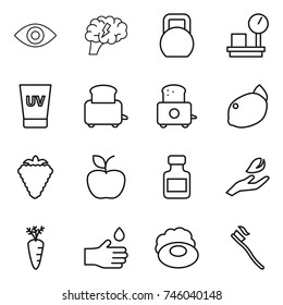 thin line icon set : eye, brain, heavy, warehouse scales, uv cream, toaster, lemon, berry, apple, pills bottle, hand leaf, carrot, drop, soap, tooth brush