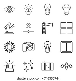 thin line icon set : eye, bulb, brain, table lamp, laser, lighthouse, window, sun, camera, power switch, alarm, shining, clean, hard reach place cleaning