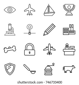 thin line icon set : eye, plane, boat, trophy, microscope, laser, pencil, store, bone, lock, airplane, reception, shield, ladle, hand mill, cow