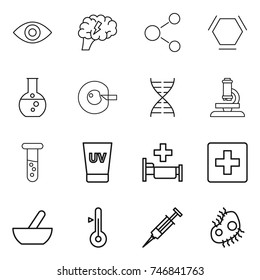 thin line icon set : eye, brain, molecule, hex, round flask, cell corection, dna, microscope, vial, uv cream, hospital, first aid, mortar, thermometer, syringe, microb