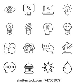 thin line icon set : eye, monitor arrow, notebook, bulb, head, brain, atom core, discussion, table lamp, balloon, goverment house, sun, drop