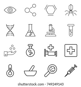 thin line icon set : eye, molecule, hex, virus, dna, flask, microscope, vial, chemical industry, hospital, first aid, thermometer, mortar, viruses, syringe