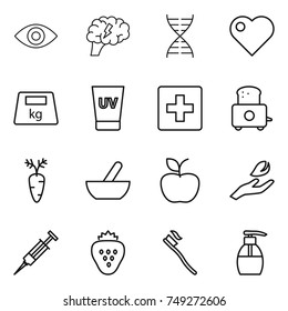 thin line icon set : eye, brain, dna, heart, heavy, uv cream, first aid, toaster, carrot, mortar, apple, hand leaf, syringe, strawberry, tooth brush, liquid soap