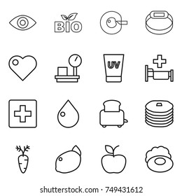 thin line icon set : eye, bio, cell corection, smart bracelet, heart, warehouse scales, uv cream, hospital, first aid, drop, toaster, pancakes, carrot, lemon, apple, soap