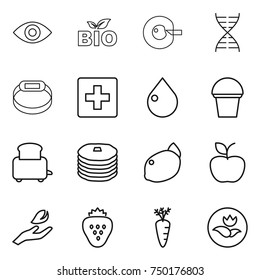 thin line icon set : eye, bio, cell corection, dna, smart bracelet, first aid, drop, bucket, toaster, pancakes, lemon, apple, hand leaf, strawberry, carrot, ecology