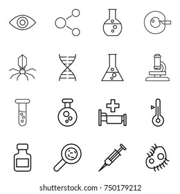 thin line icon set : eye, molecule, round flask, cell corection, virus, dna, microscope, vial, chemical, hospital, thermometer, pills bottle, viruses, syringe, microb