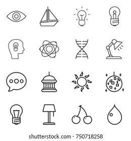 thin line icon set : eye, boat, bulb, head, atom, dna, table lamp, balloon, goverment house, sun, disco ball, floor, cherry, drop